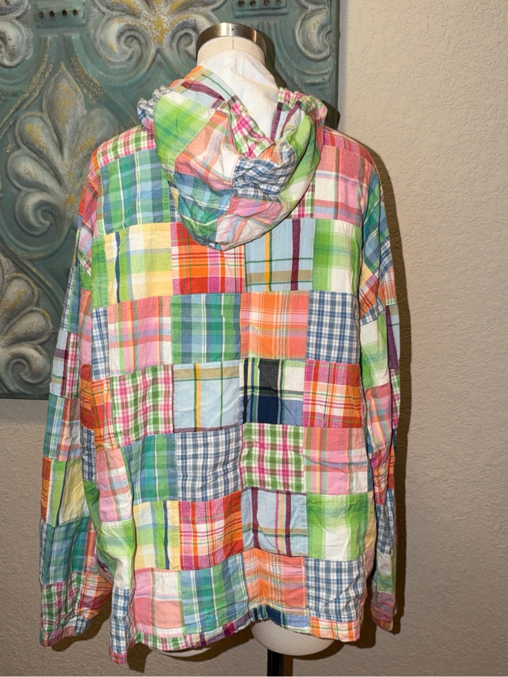 Serengeti Patchwork Madras Plaid Hooded Jacket Multicolor Cotton XL 2X Boho - Picture 3 of 10